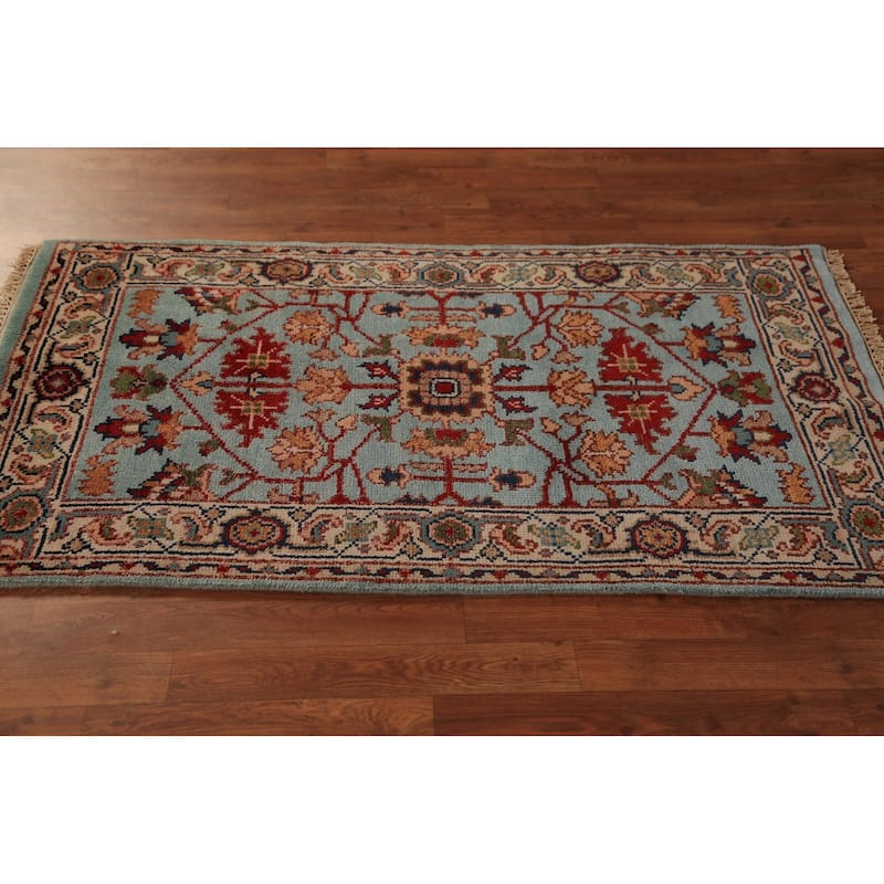 Light Blue Floral Oushak Indian Foyer Rug Handmade Wool Carpet - 2'11"x 5'1"