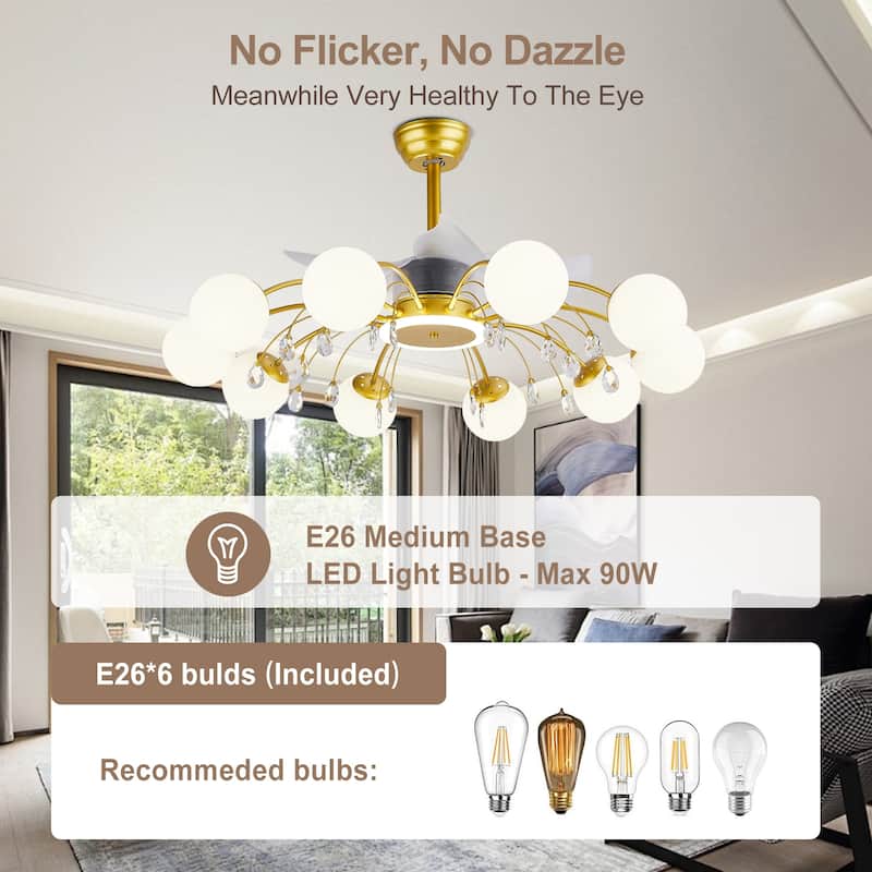 31in. Indoor Gold Modern Ceiling Fan with Light, Reversible Fandelier with Light Bulbs and Remote for Living Room