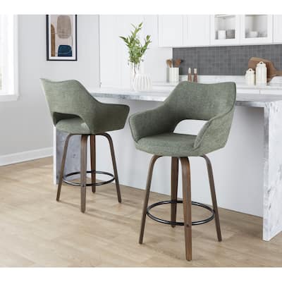 Porch & Den Mac 26" Fixed-Height Upholstered Counter Stool with Bent Wood Legs & Round Footrest (Set of 2)