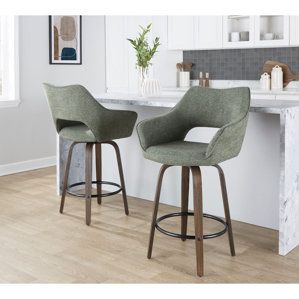 Porch & Den Mac 26" Fixed-Height Upholstered Counter Stool with Bent Wood Legs & Round Footrest (Set of 2)