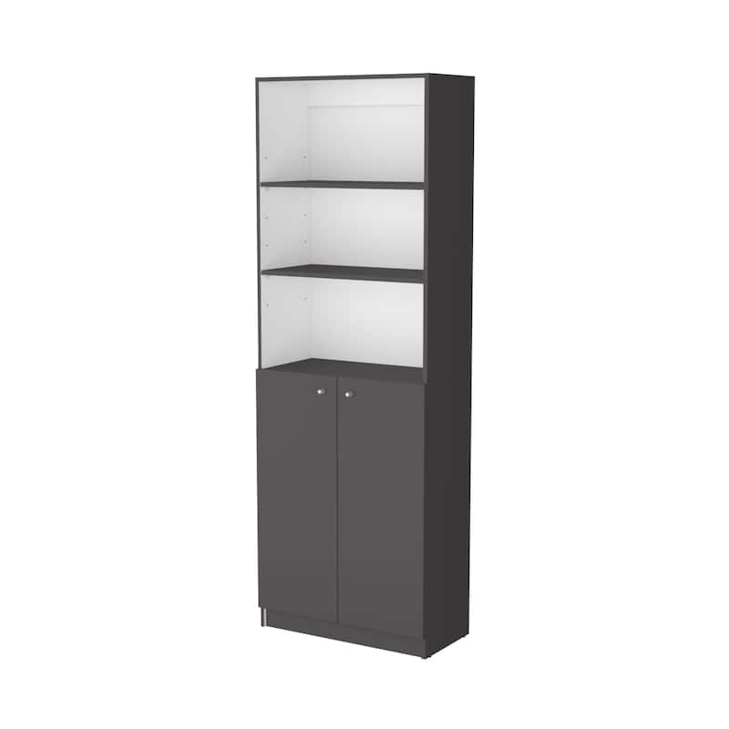 HomeRoots 71" Gray And White Wood Three Tier Bookcase with Two Doors