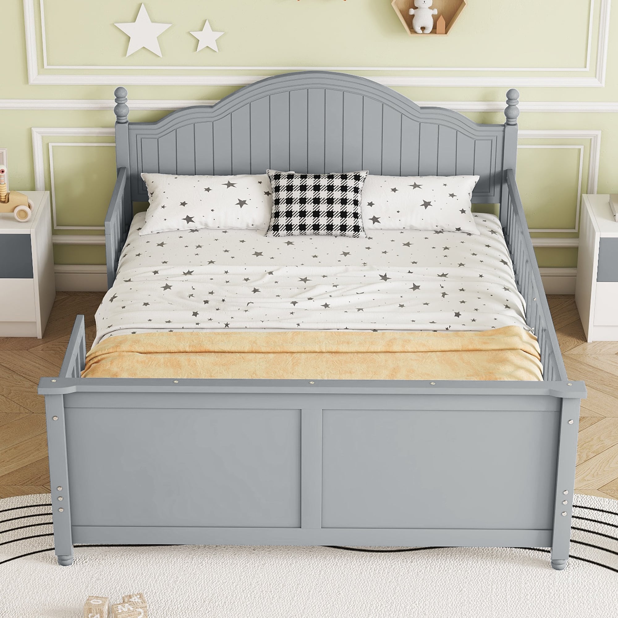 Low Profile Platform Bed with Headboard and Footboard, Solid Wood Kids Bed Frame with Removable Fences