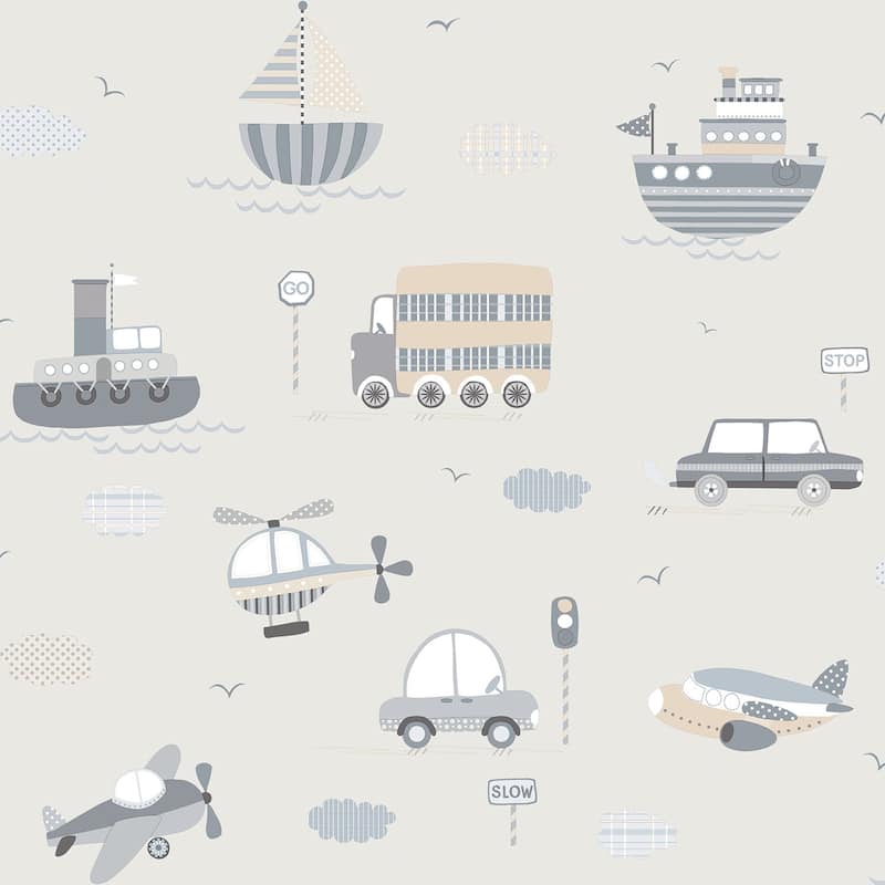 Galerie Wallcoverings Tiny Tots 2 Transportation Non-woven Matte Wallpaper Roll - 33 feet x 21 inches - Greige/Tan