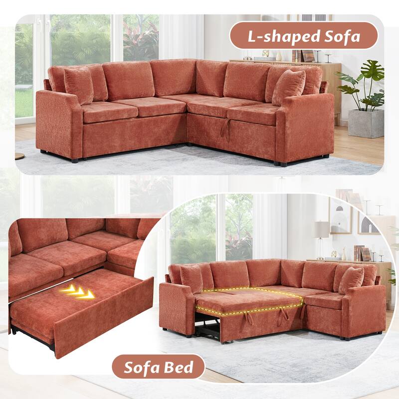 L-Shaped Sectional Sofa Bed, Chenille Upholstered Sleeper Sofa with Hidden Storage Compartment, 4 Seater Corner Sectional Sofa