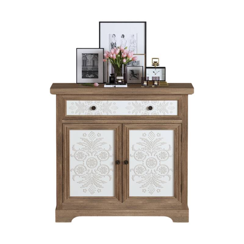 Rustic Vintage Accent Cabinet with Carved Floral Panels, Distressed Wood Sideboard with Drawer and Double Doors