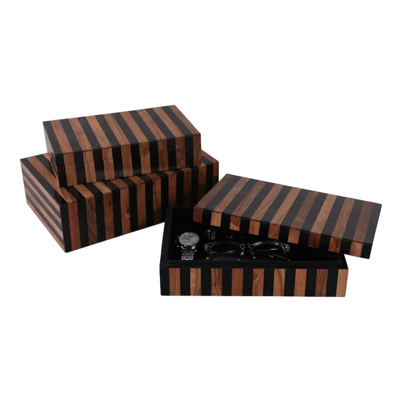 Wood Resin Storage Boxes Striped Modern Design (Set of 3) - 3/4" Brown - 12" x 8" x 3.5"
