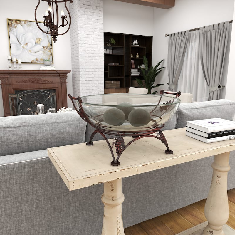 Clear Tempered Glass Kitchen Serving Bowl with Copper Metal Grapes Base