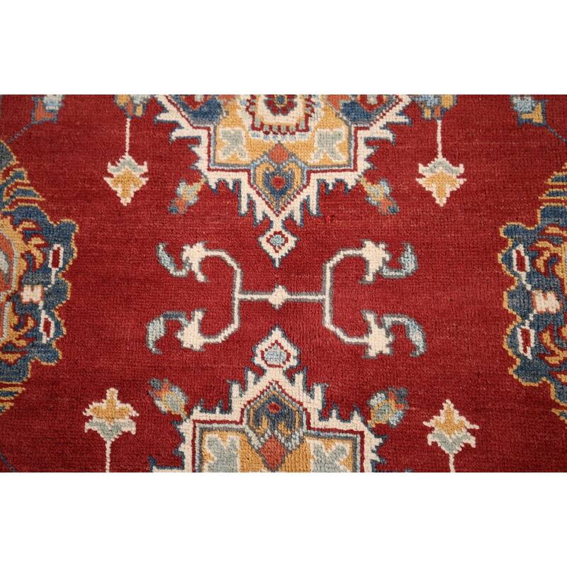 Red Geometric Kazak Foyer Rug Hand-Knotted Traditional Wool Carpet - 3'4" x 4'8"