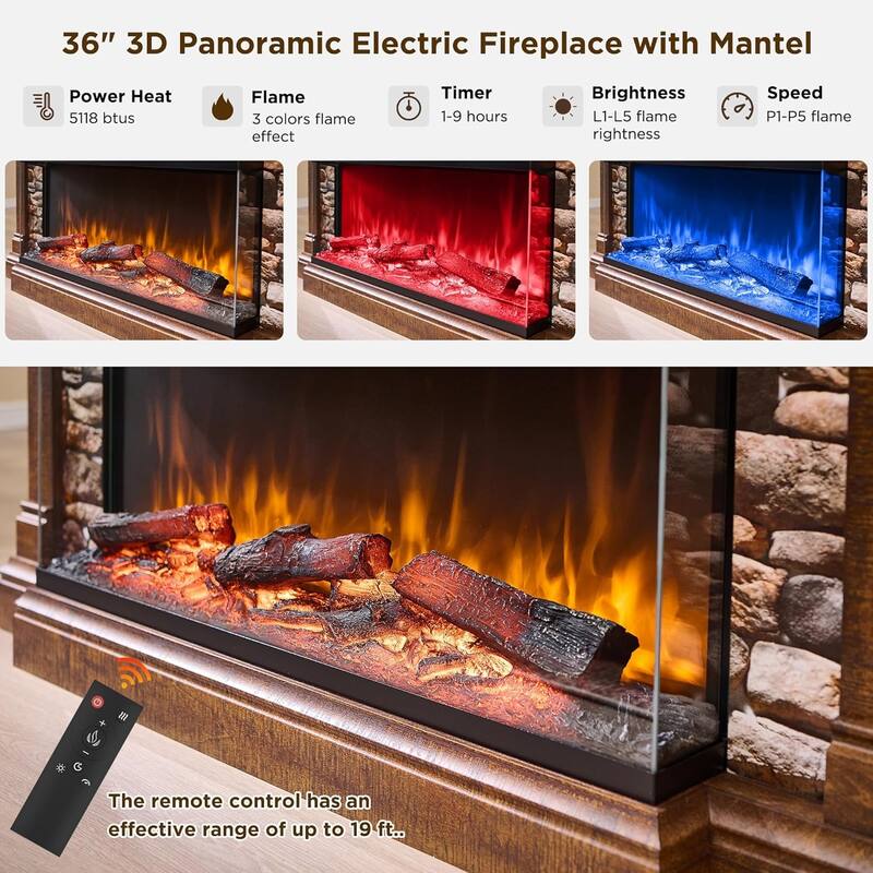 Farmhouse TV Stand With 3-Sided Glass Fireplace, Entertainment Center