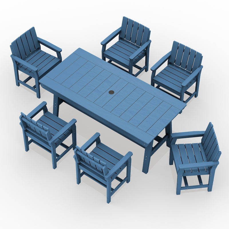7-Piece HDPE Outdoor & Indoor Dining Set, Rectangular 67.91in L Table with Umbrella Hole and 6 Chairs Set of 7, Wood-Look Finish
