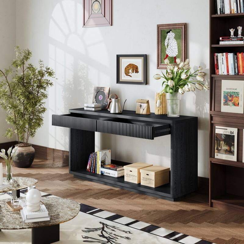 Modern 60-Inch Fluted Console Table with 2 Drawers for Living Room and Hallway Furniture Storage