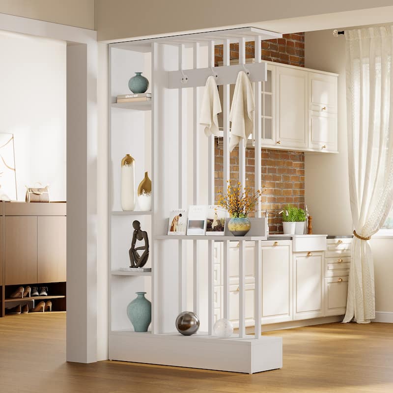 71" Wall Room Divider with Shelves & Coat Hooks