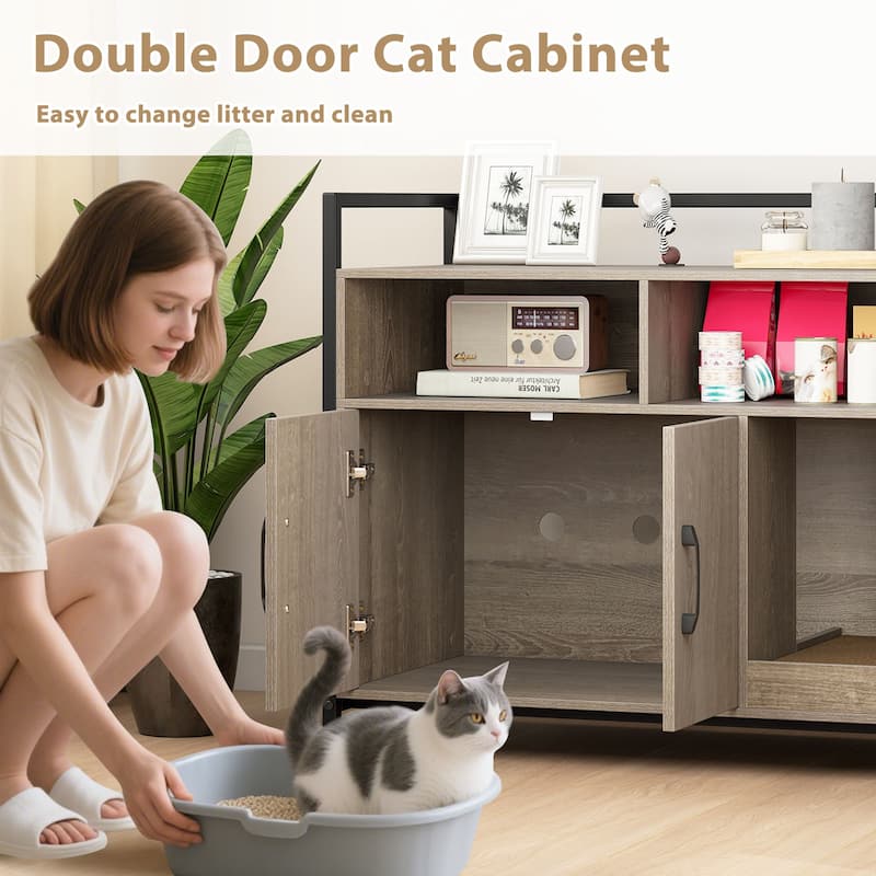 Gymax Cat Litter Box Enclosure w/ Storage Compartments Removable
