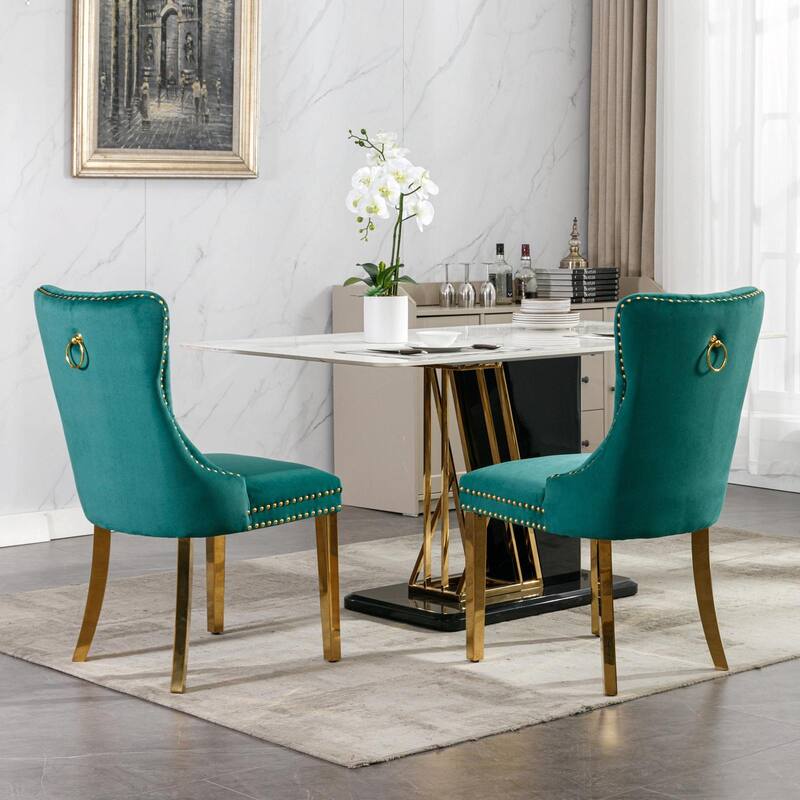 Tufted Velvet Dining Chairs - Solid Wood - Golden Stainless Steel Legs - Nailhead Trim - Set of 2