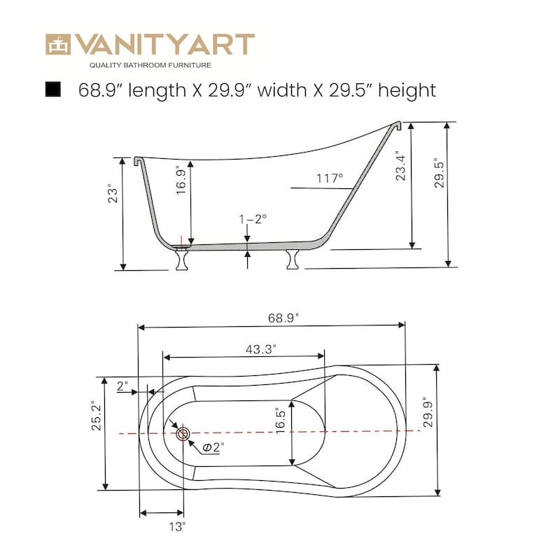 Vanity Art 68.9" Freestanding White Acrylic Bathtub Modern Stand Alone Soaking Tub with Polished Chrome & Pop-up Drain