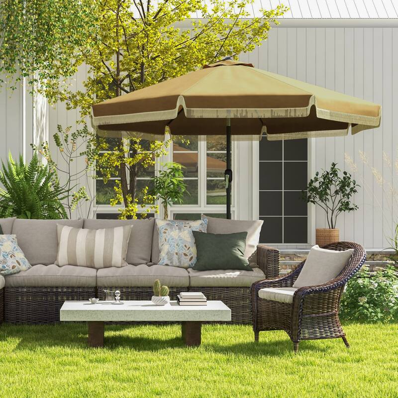 9ft Patio Umbrella with Push Button Tilt and Crank, Ruffled Outdoor Market Table Umbrella with Tassles and 8 Ribs