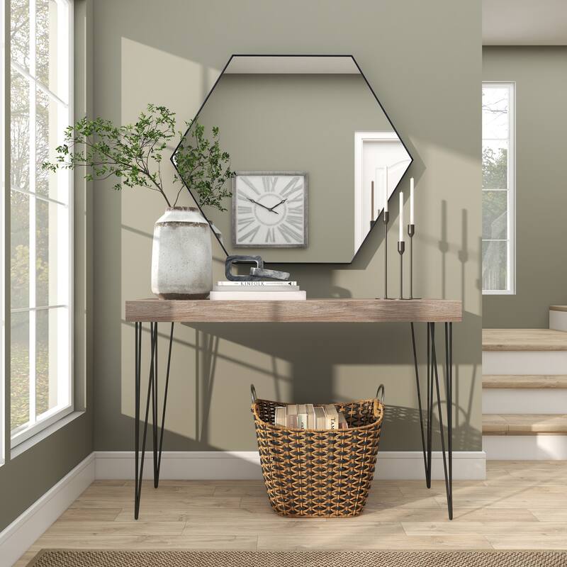 Brown Wood Console Table with Black Metal Hairpin Legs