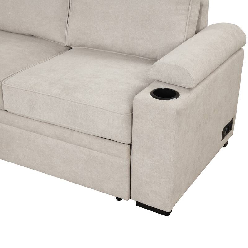 84.75" Linen Convertible L-Shaped Sleeper Sofa with Storage Ottoman