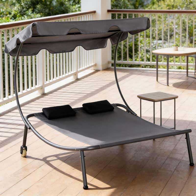 GDFStudio - Anders Hammock-Style Outdoor Daybed with Wheeled Double Chaise Comfort Design