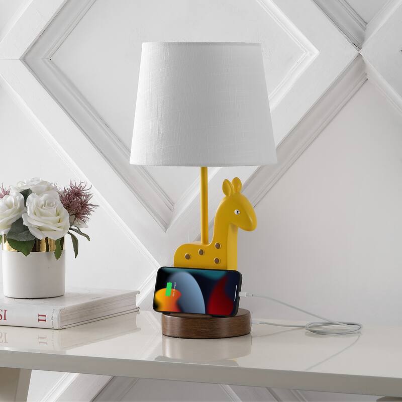 Ellie 17.5" Mid-Century Iron/Resin Giraffe LED Kids' Table Lamp with Phone Stand and USB Charging Port, Yellow by JONATHAN Y