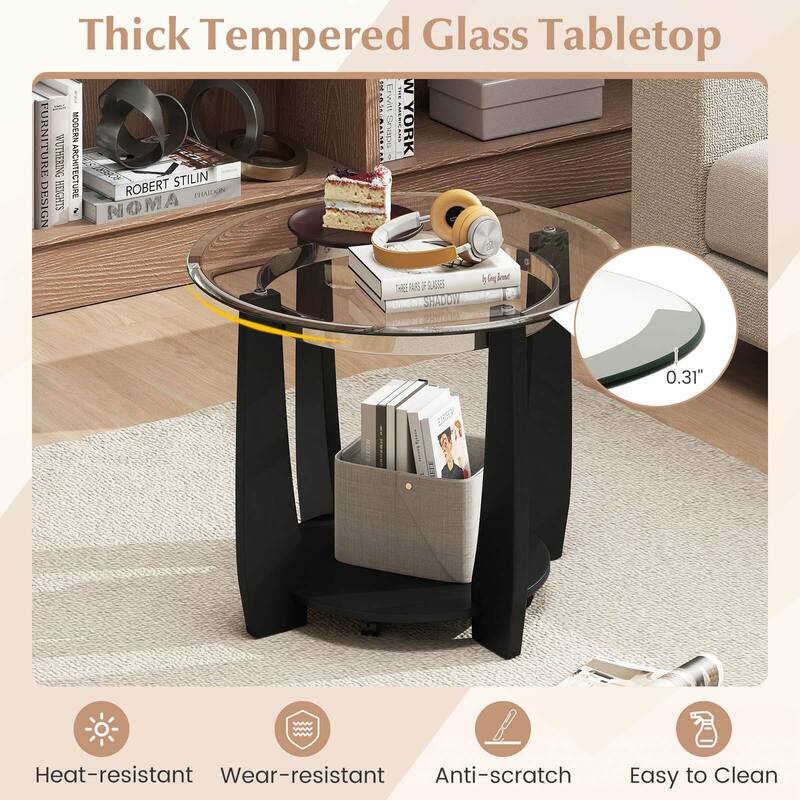 Costway 32” 2-Tier Glass Coffee Table with Tempered Glass Top Bottom - See Details