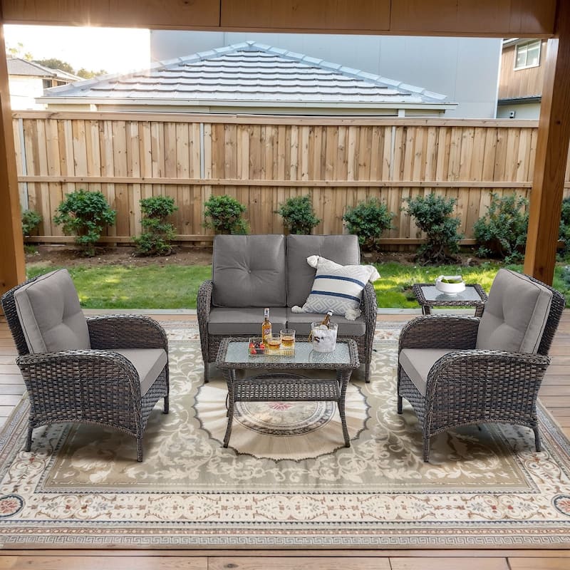 Gymojoy Outdoor Wicker Patio Furniture Loveseat and Chair Set - 5-Piece - Loveseat & Club Chairs - Brown Wicker / Grey Cusion