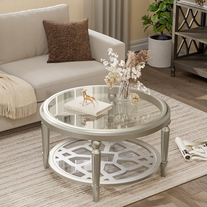 COSIEST Champagne Round Solid Wood Tempered Glass Coffee Table - 32"W x 32"D x 18"H
