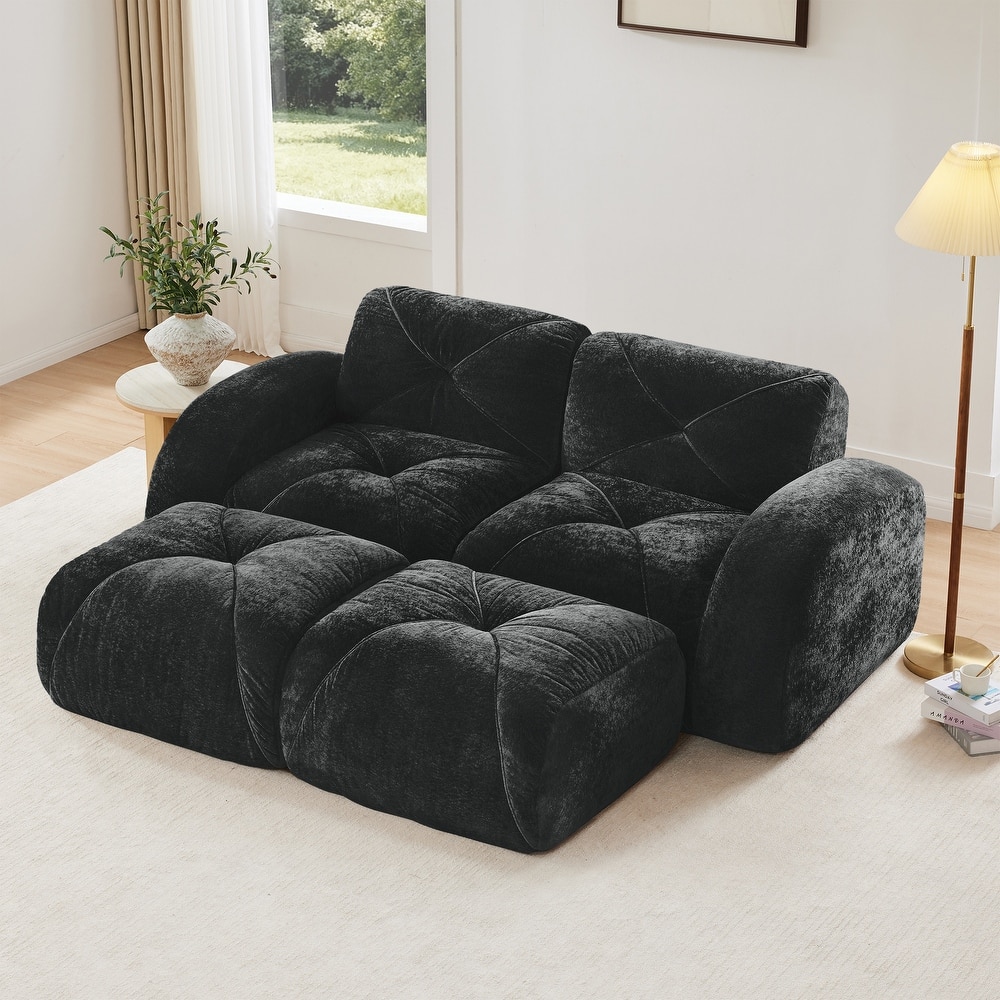 U-shaped Boneless Sofa, Soft Velvet Fabric, Tufted Design, 32D High Density Sponge, No Assembly Required