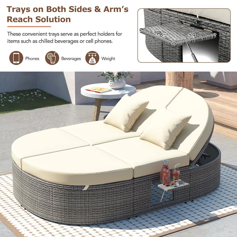 Rattan Patio 2-Person Daybed, Outdoor Sun Bed with Cushions and Pillows, Recliner with Adjustable Back and Foldable Cup Trays
