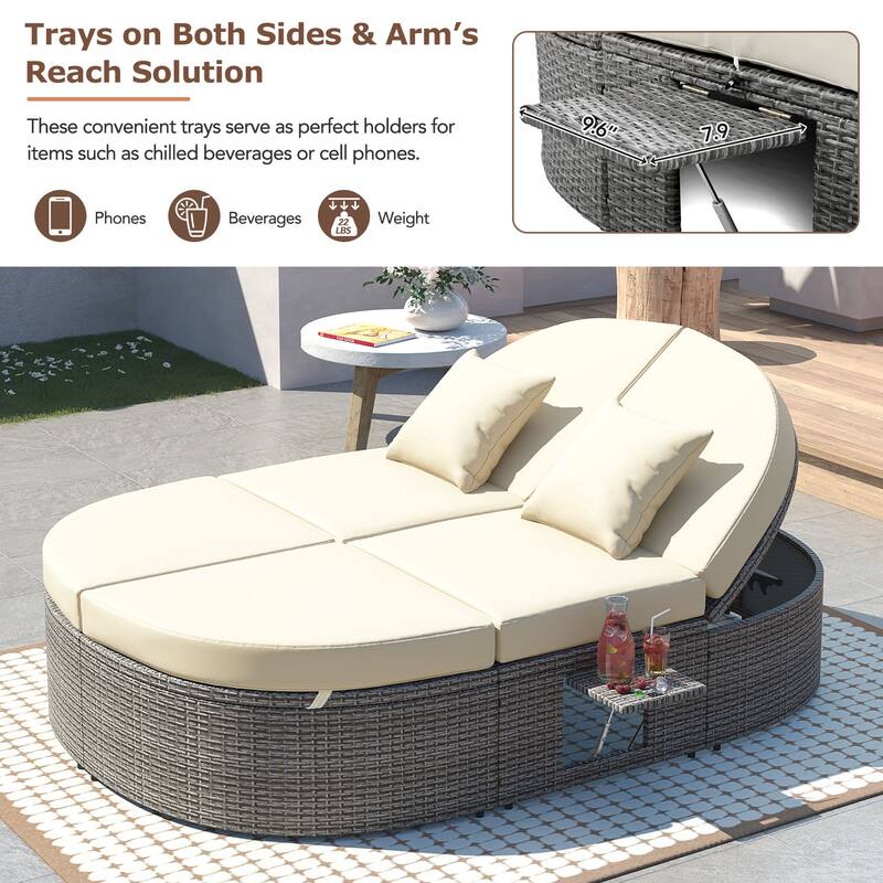 Roomfitters Outdoor Sun Bed Patio 2-Person Daybed with Cushions, Reclining Chaise with Adjustable Backrests