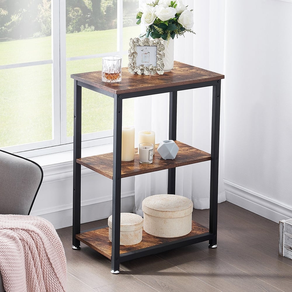 VECELO 3-Tier Open Shelf End Table Narrow Space-Saving Design End Table with USB Charging Station Side Table for Living Room
