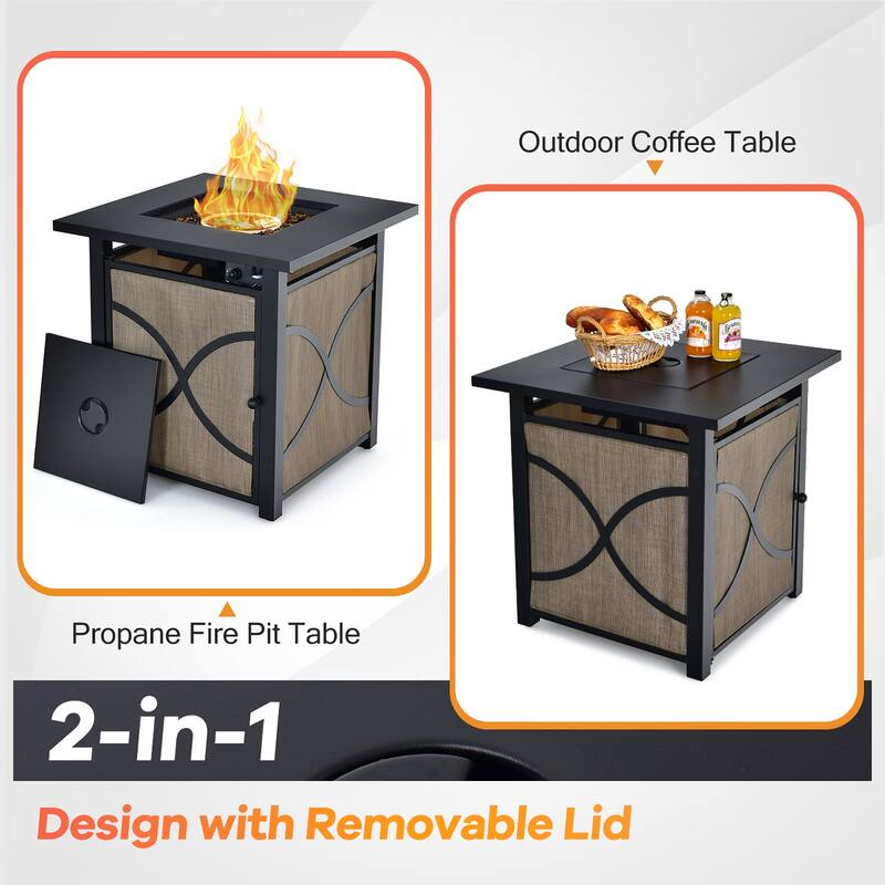 25-Inch Square Propane Fire Pit Table 40000 BTU W/ Lid Fire Glass