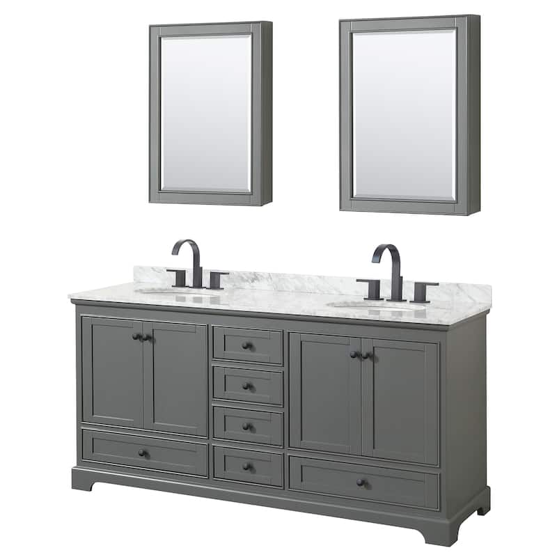 Deborah 72-inch Dark Gray Double Vanity, Oval Sinks, Med Cabs - Dark Gray, Black Trim, White Carrara Marble Top