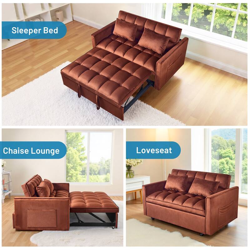 3-in-1 Convertible Sleeper Loveseat Pull Out Twin Size Suede Sofa Bed with 2 Pillows & Pocket