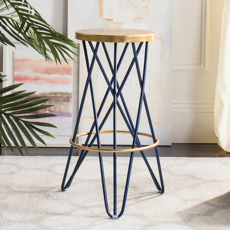SAFAVIEH Elissa 30 Inch Gold Leaf Bar Stool - 18" x 18" x 30" - 18Wx18Dx30H - Navy/Gold