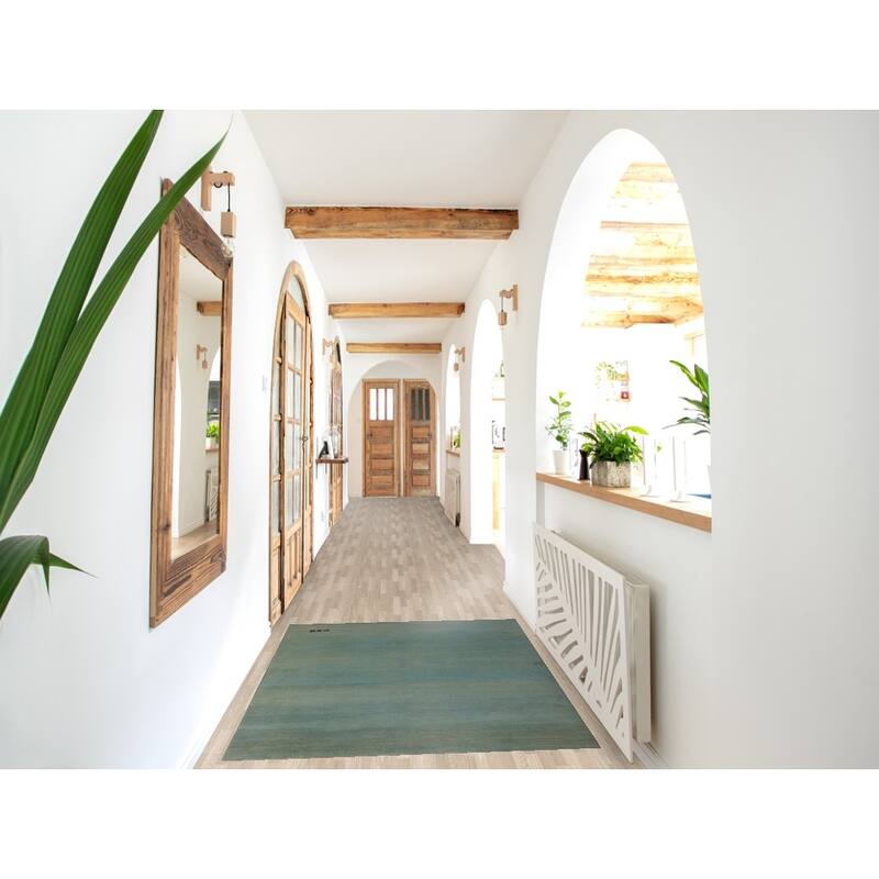 Green & Blue Gabbeh Modern Rug Handmade Stripe Wool Carpet - 3'4" x 4'10"