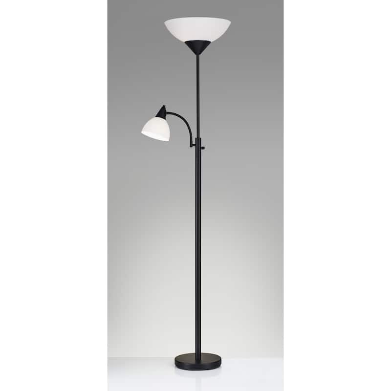 71-Inch Two Light Torchiere Floor Lamp Black Steel Base with Goose Neck Reading Lamp for Living Room - 71”H x 22”W x 14”D