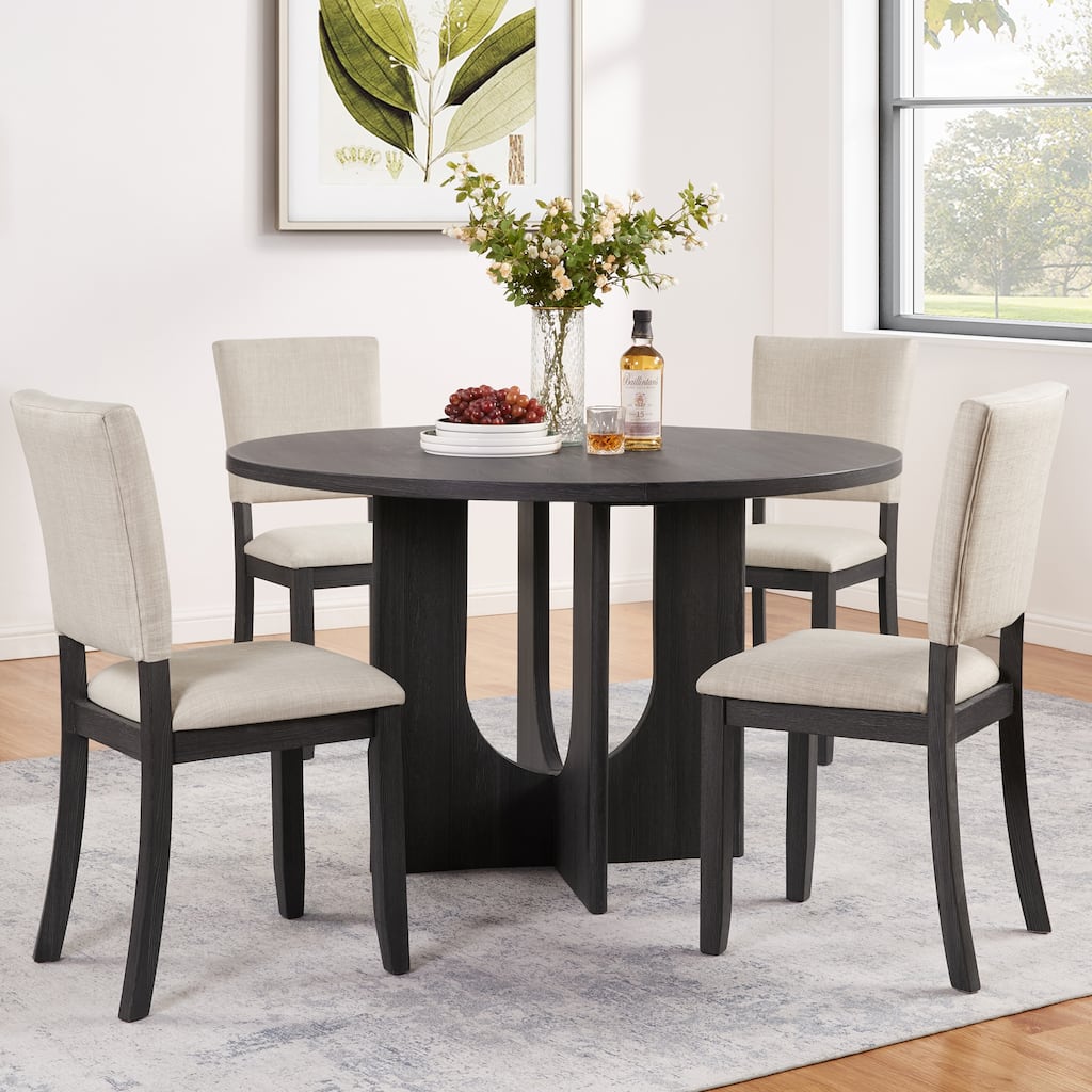 5 Piece Round Dining Table Set for 4, Modern 4 Upholstered Chairs for Living, Kitchen Room, 47.3 Inch