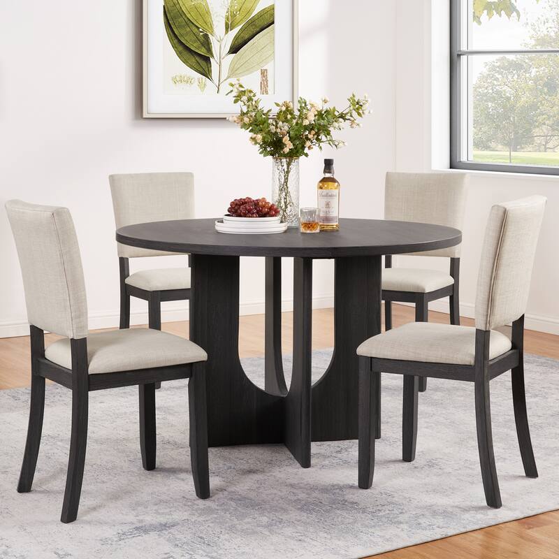 5 Piece Round Dining Table Set for 4, Modern 4 Upholstered Chairs for Living, Kitchen Room, 47.3 Inch - Antique Black,Beige