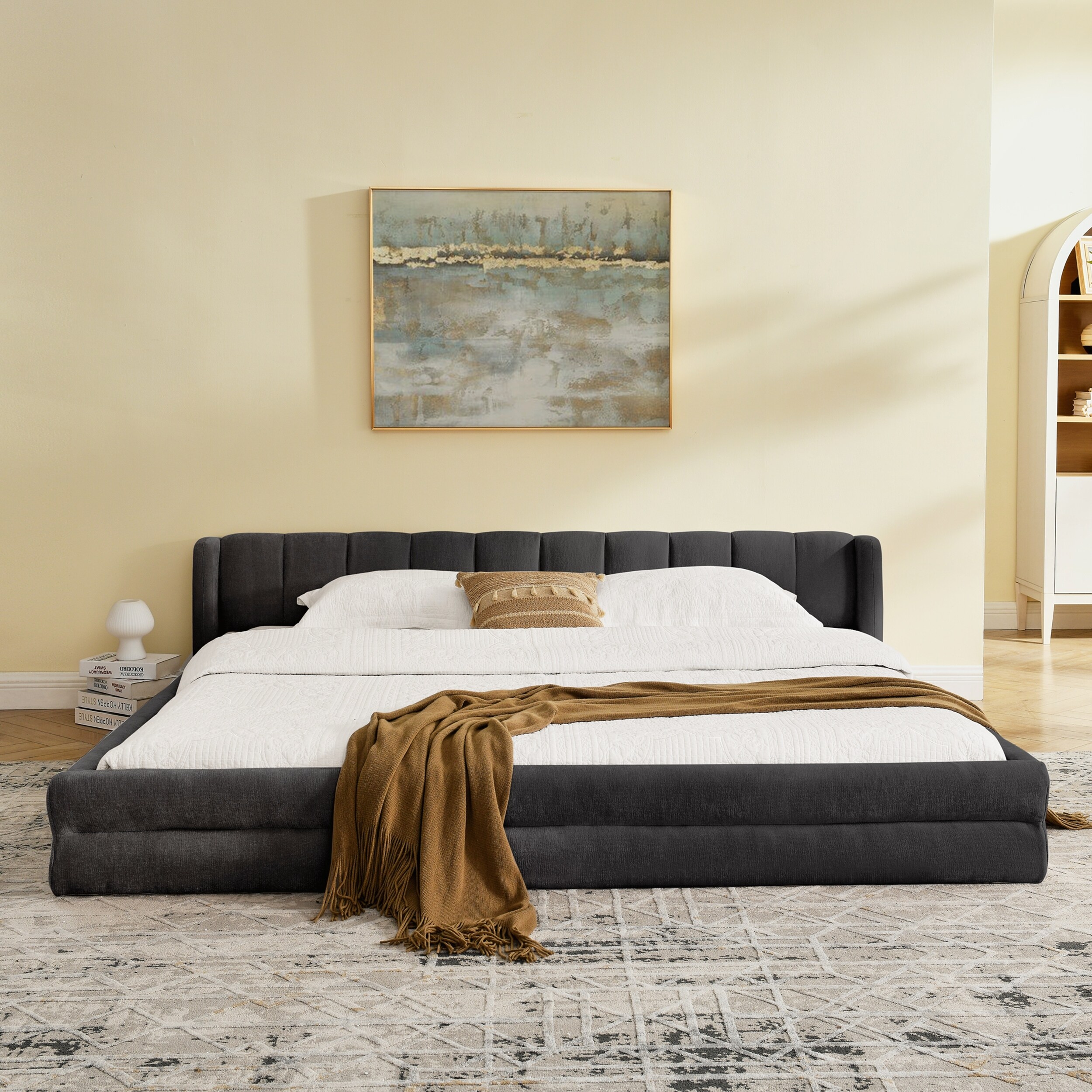 King Size Upholstered Bed Frame with Thick Chenille Fabric, Comfortable Headboard, and Solid Construction for Modern Bedrooms