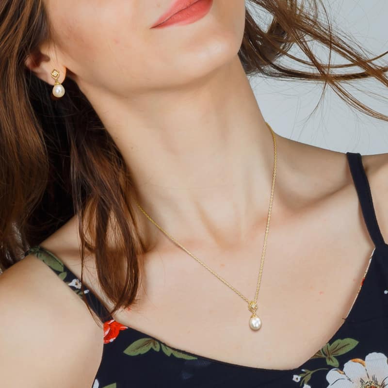 Miadora Cultured South Sea Pearl White Topaz 2-Piece Drop Necklace Earrings Set Yellow Silver