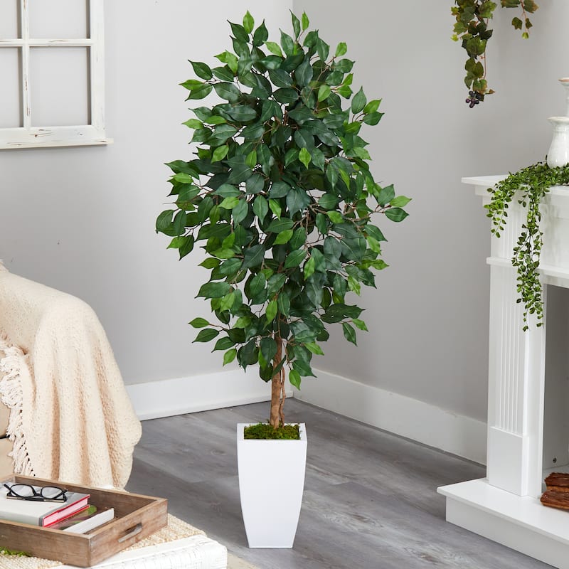 4.5' Ficus Artificial Tree in White Metal Planter - 13"