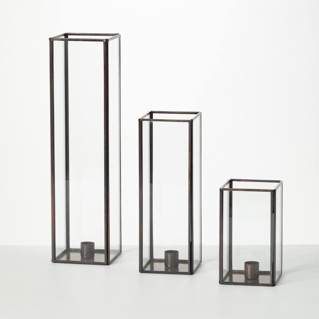 Sullivans Rectangular Glass Taper Candle Holder Set of 3, 14.5"H, 10"H & 6"H Brown