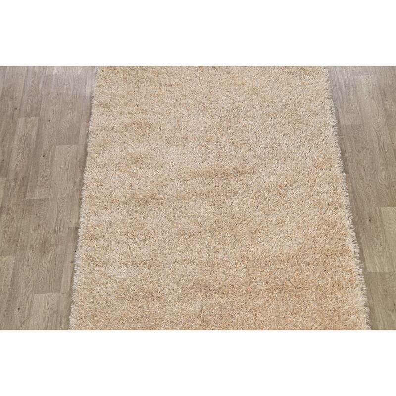 Hand Knotted Oriental Polyester Carpet Modern Contemporary Beige & Ivories Shaggy Area Rug - 7' 5'' X 5' 3''
