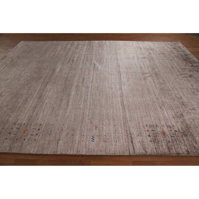 Brown Gabbeh Oriental Area Rug Hand-Knotted Silk Carpet - 8'11" x 11'8"