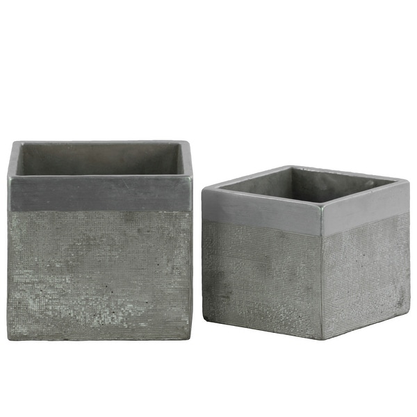 Square Cemented Flower Pot With Silver Banded Rim Top, Set of 2, Gray