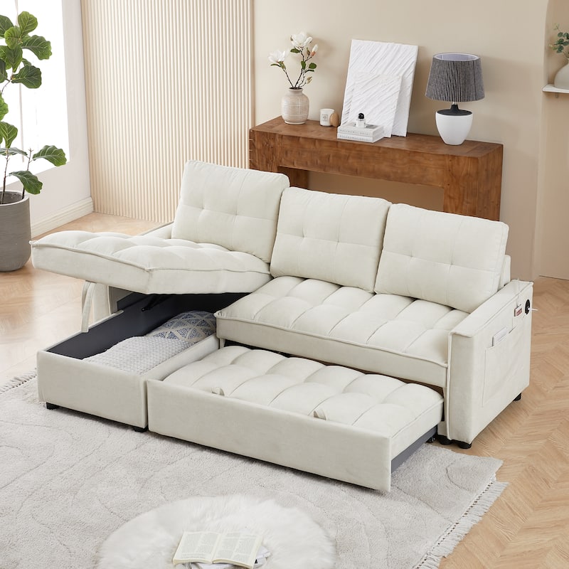 L-shaped Reclining Sofa Chenille Sectional Sofa with Storage Chaise, Pull Out Sleeper Bed, Charging Station and Side Pockets