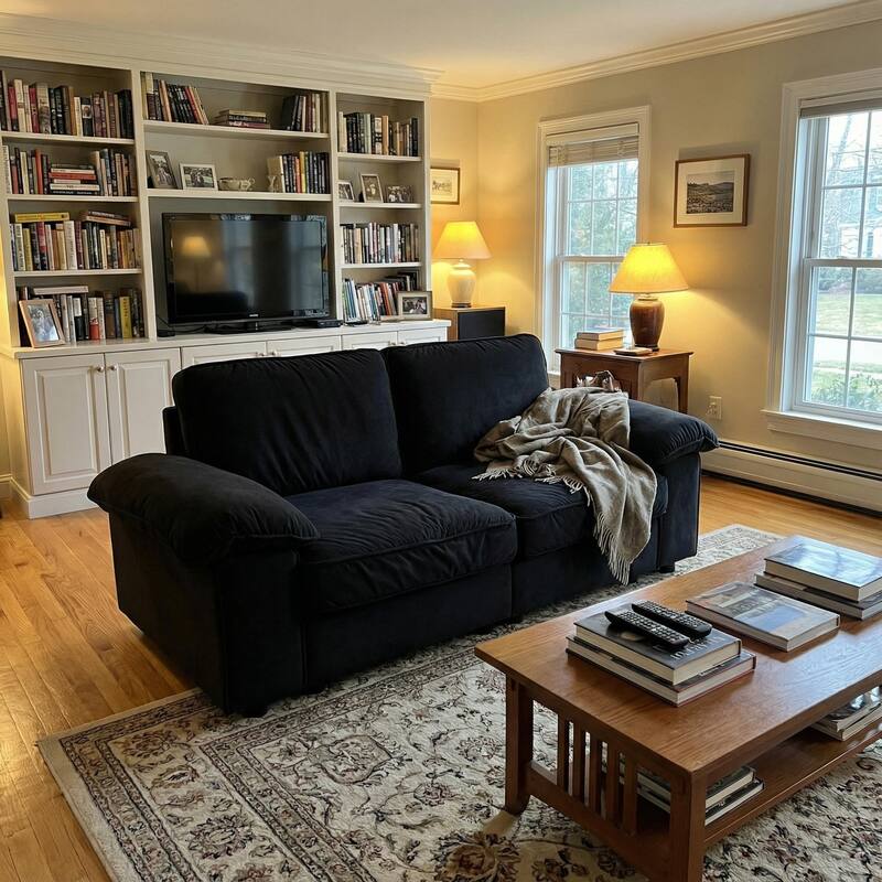 Roomfitters Modern Overstuffed Upholstered Sofa with Hidden Storage and Padded Arms, Comfy Loveseat for Small Space - Black