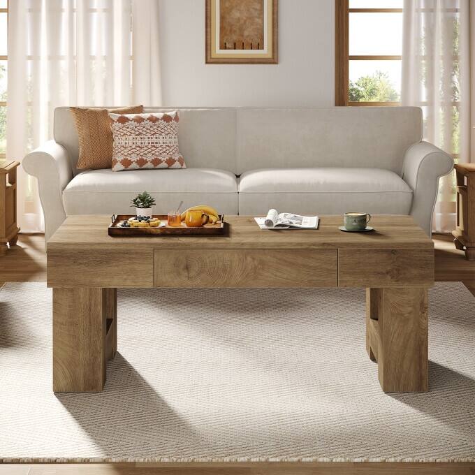 47.24" Wooden Coffee Table with Drawer, Rustic Center Table