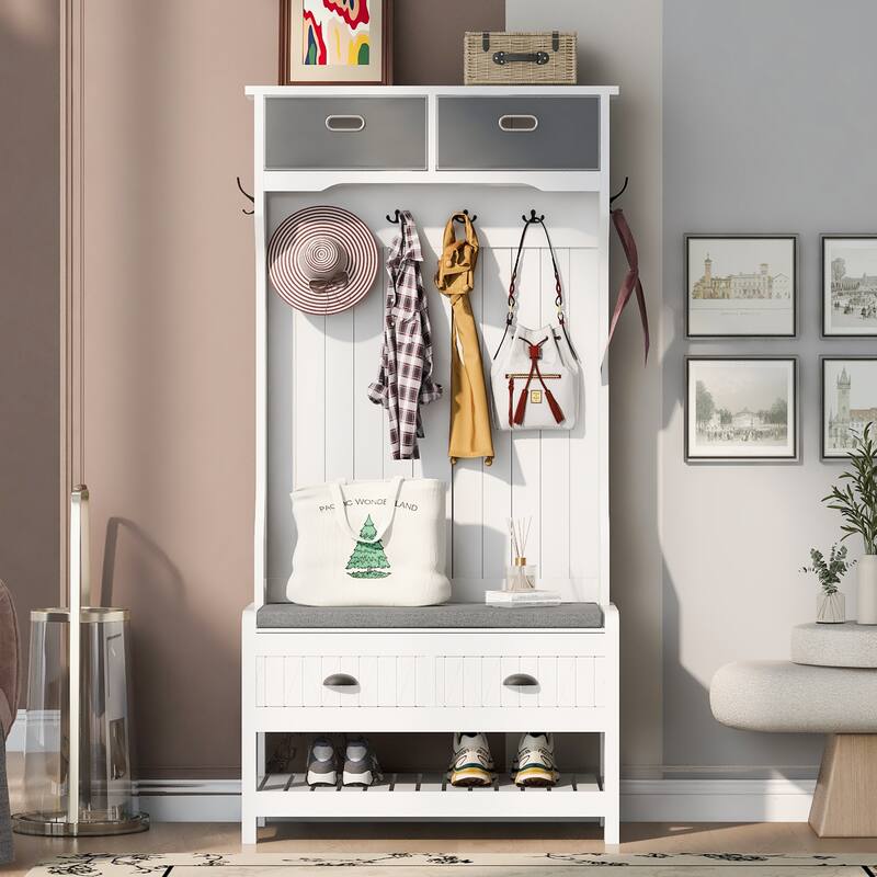 Hall Tree Coat Rack with Storage Bench, Entryway Bench with Shoe Rack and 6 Hooks, 3 in 1 Wood Organizer for Home